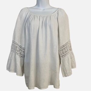 White Linen Blouse Top Sz Large Crochet Peasant Bell Sleeve Prairie Summer
